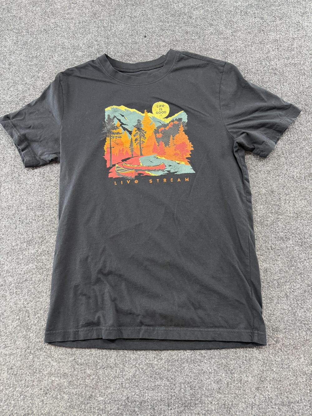 Life Is Good Shirt Mens Medium Black Live Stream Camping Canoe Graphic Tee